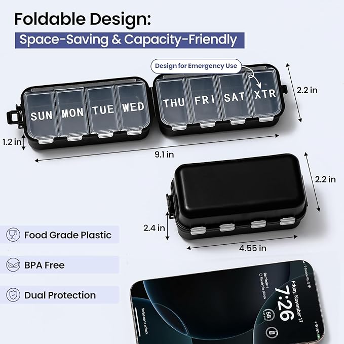 NEW Foldable Weekly Pill Organizer with Extra Grid, Portable 7 Day Pill Box Once / 1 Time a Day, Week Daily Medicine Organizer - Large Travel Pill Case Holder Dispenser for Vitamin, Supplement-Black