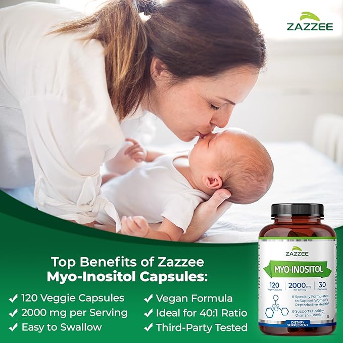 Zazzee Myo-Inositol Capsules, 2000 mg per Serving, 120 Vegan Capsules, Ideal Dosage for 40:1 Ratio, Certified Kosher, Hormone Balance & Healthy Ovarian Function Support, Non-GMO, Made in the USA