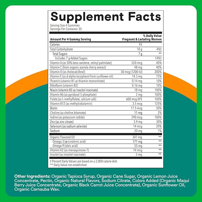 SmartyPants Organic Prenatal Vitamins for Women,Multivitamin Gummies: Biotin,Methylfolate,Omega 3 (ALA),Vitamin D3,C,Vitamin B12,B6,A,K2 & Zinc,Choline,Vegetarian,(30 Day Supply),120 Count(Pack of 2)
