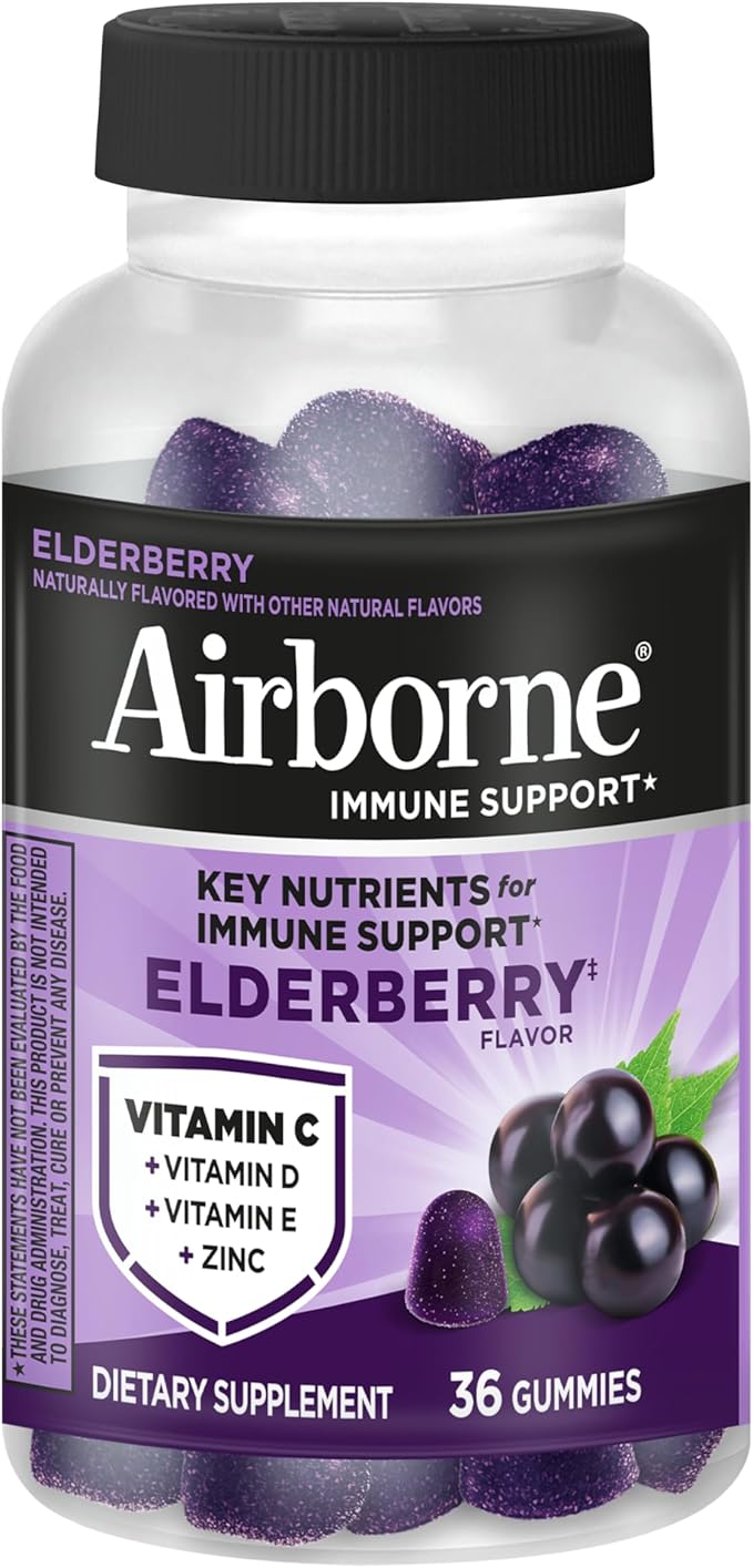 Airborne Elderberry + Zinc & Vitamin C Gummies for Adults, Immune Support with Antioxidants Vitamins C, D & E, 130 Count, Elderberry Flavor