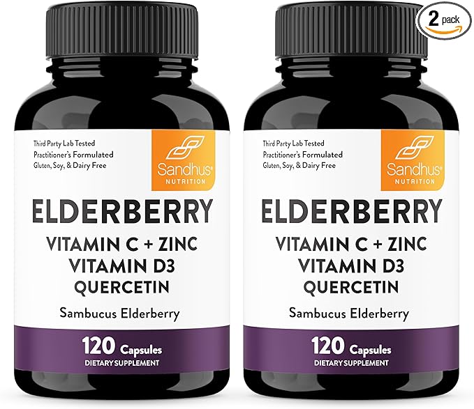 Elderberry Vitamin C and Zinc Capsules for Adults | 240 Count with Quercetin & Vitamin D3 | 6-in-1 Immune Support Supplement Pills | Sambucus Black Elderberry Natural Immunity Vitamins | Made in USA