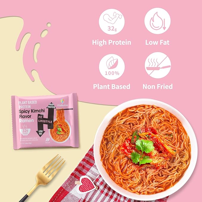 Hethstia Protein Ramen Spicy Kimchi Flavor, 6-Pack Instant Kimchi Noodle Soup, 32g Plant-Based Protein, Vegan, Low Fat, Non-GMO, Healthy High Protein Ramen Meal