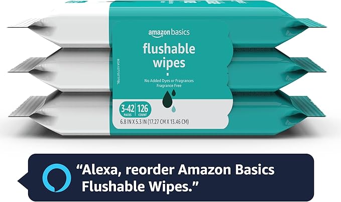 Amazon Basics Adult Wet Wipes Flushable formulated without Fragrance, 126 Count (3 Packs of 42) Packaging May Vary