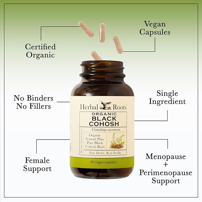 Herbal Roots Organic Black Cohosh Root | Extra Strength | Menopause and Menstrual Support for Women | 90 Capsules, Vegan