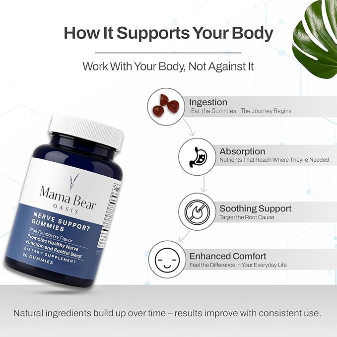 Mama Bear Oasis Nerve Support Gummies for Neuropathy - Advanced Nerve Vitamins & Repair Formula - Mobility Boost & Calm Blend - Regeneration Health Supplements - Neuropathy & Recovery Gummies (60 Ct)