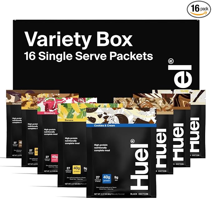 Huel Black Edition | Variety Pack 40g Vegan Protein Powder | Nutritionally Complete Meal Replacement | 27 Vitamins and Minerals, Gluten Free | 16 Single Serving Packets