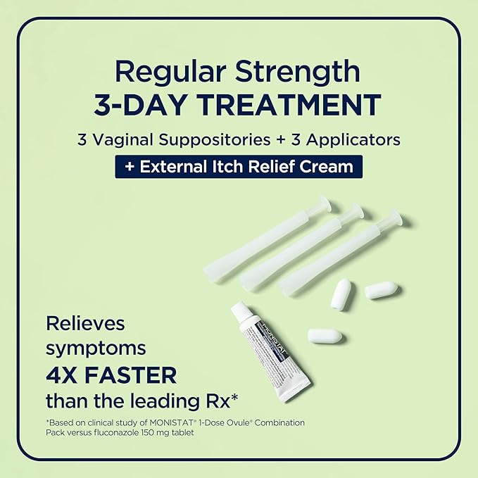Monistat 3-Day Yeast Infection Treatment for Women, 3 Miconazole Vaginal Suppositories & External Itch Relief Cream (9g Tube) Combo Pack