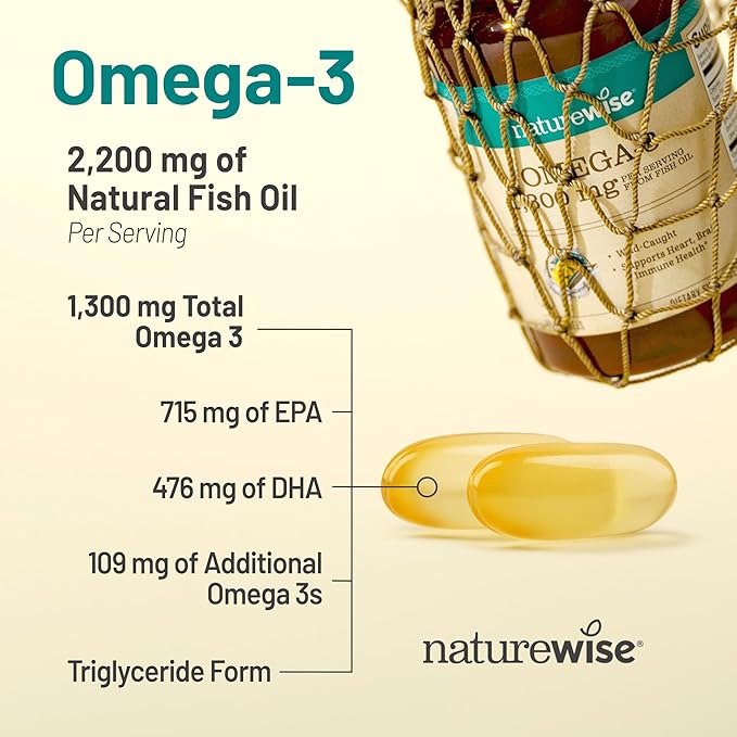 NatureWise Ultra Omega 3 Fish Oil 2200 mg – 1300 mg Omega-3 - Triglyceride Form - Lemon Flavor - Wild-Caught Fish Oil + EPA & DHA - Burpless, Non-GMO - 180 Softgels[3-Month Supply]