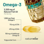 NatureWise Ultra Omega 3 Fish Oil 2200 mg – 1300 mg Omega-3 - Triglyceride Form - Lemon Flavor - Wild-Caught Fish Oil + EPA & DHA - Burpless, Non-GMO - 60 Softgels[1-Month Supply]