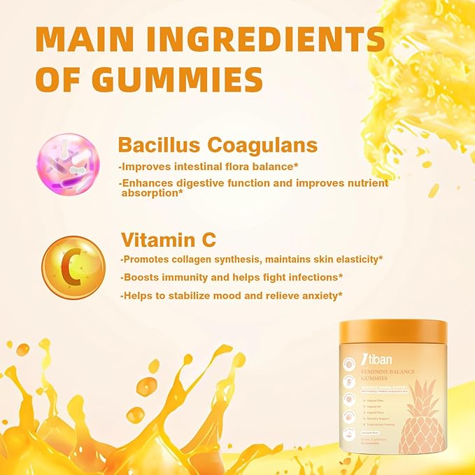 Pineapple Gummies for Women pH, Premium Feminine pH Balance Gummy, Vaginal Probiotics, Immune Support, Vegan, Gluten-Free, 60 Gummies 30 Servings