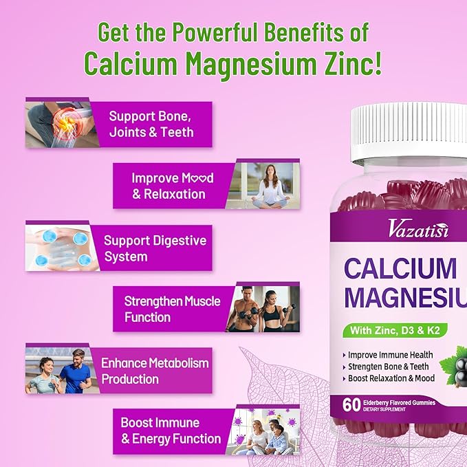 Calcium Magnesium Zinc Gummies with Vitamin D3 and K2, High Absorption Magnesium Glycinate Potassium for Immune and Muscles, Vegan Elderberry Flavor 120 Gummies
