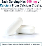 BariatricPal Easy Swallow Calcium Citrate (600mg) and D3 Coated Tablets (180-Day Supply)