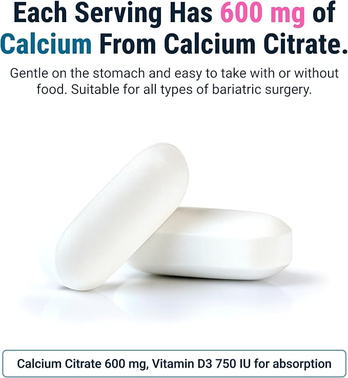 BariatricPal Easy Swallow Calcium Citrate (600mg) and D3 Coated Tablets (90-Day Supply)