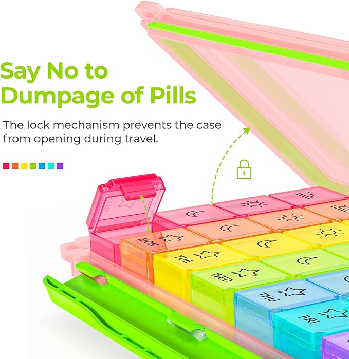 AUVON iMedassist Moisture-Proof Weekly Pill Organizer 4 Times a Day, Large 7 Day Pill Box Case with Portable Design for Travel, Removable Individual Containers Hold Vitamins, Supplements, Medications