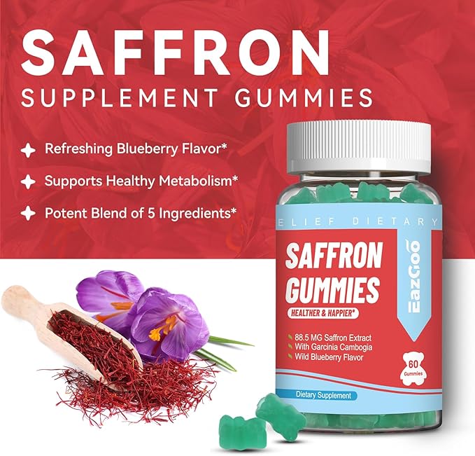 Saffron Supplements Gummies, Saffron Extract for Positive Mood & Calm Nerve, Boost Energy, with Garcinia Cambogia, Vitamin A, B12, Rhodiola Rosea - 60 Gummies