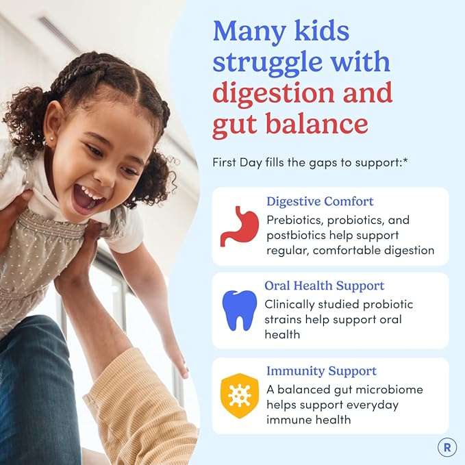FIRST DAY Kids 3-in-1 Probiotic Gummies – Prebiotic + Probiotic + Postbiotic Supplement – Supports Digestive & Oral Health, Immune Function & Energy Levels – 30-Day Supply