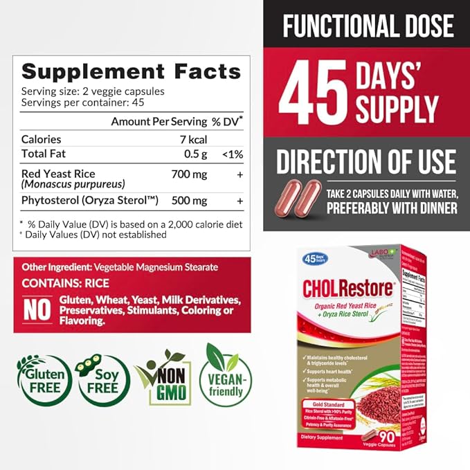 LABO Nutrition CHOLRestore – Red Yeast Rice with Phytosterol Health Supplement, Supports Healthy Cholesterol Levels, Citrinin & Aflatoxin Free, 90 Vege Capsules 3x3