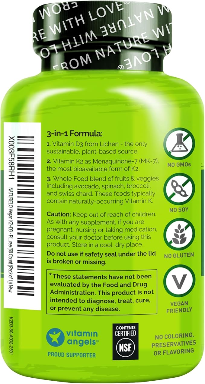 NATURELO Vitamin D3 K2 - Vegan K2+D3 with Plant Based D3 from Lichen - Natural D3 Supplement for Immune System, Bone Support, Heart Health - Whole Food - Non-GMO - Gluten Free, 60 Capsules (Pack of 2)