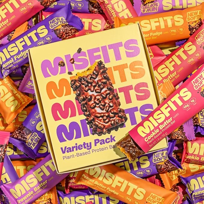 Misfits Protein Bar Variety Pack | Nutrition Bars - 14-15g Protein, 1g Sugar, Plant-based, Low Carb, Non-GMO, Gluten Free Snacks | Sample Pack of 5 - Multiple Flavors