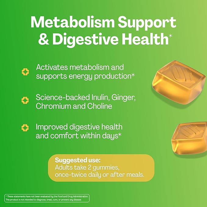 URVI® Metabolism Support Gummies 4-in-1 – Chromium Picolinate, Choline, Inulin & Ginger Extract - Prebiotic Fiber & Minerals – Gut Health & Digestive Support – Sugar-Free – Ginger-Lemon Flavor, 60pcs