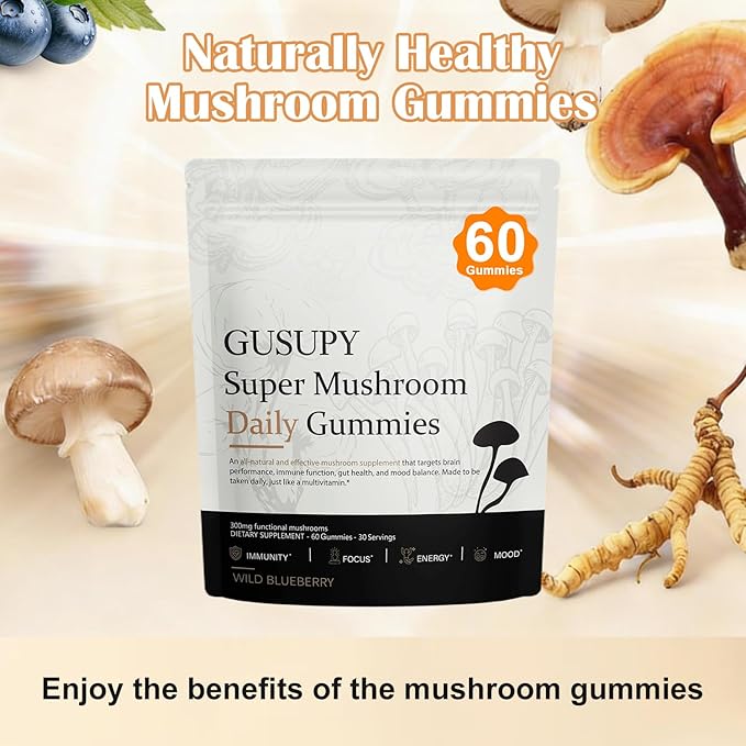 Lions Mane Mushroom Supplement Gummies - All-in-One Daily Mushroom Supplement Gummy, 12 Mushroom Blend Cordyceps, Chaga, Reishi, Herbal Brain Supplement for Cognitive, Memory & Focus,60 Gummies