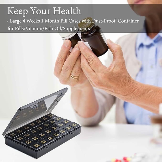 Monthly Pill Organizer, 28 Day Pill Box 1 Time a Day with Dust-Proof Case, Large 4 Weeks a Month Pill Case Container, Daily Vitamin Case Box for Pills/Medicine/Fish Oil/Supplements（Colorful）