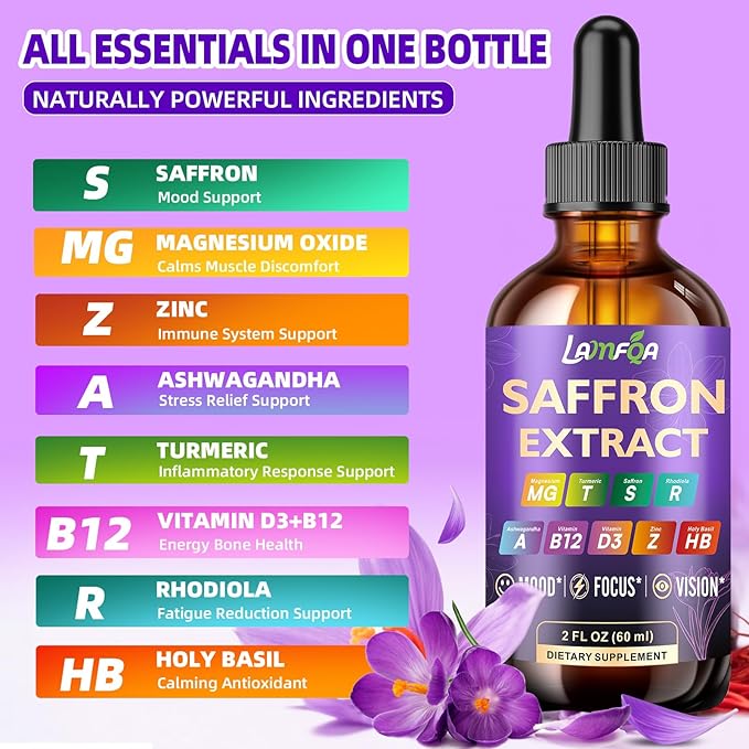 Saffron Extract for Anxiety Relief & Calm Mood Support | 88.5mg Saffron Supplement Drops for Mood, Focus, Eye Support for Mood, Energy & Cognitive Support - 2 fl oz - 2 Pack