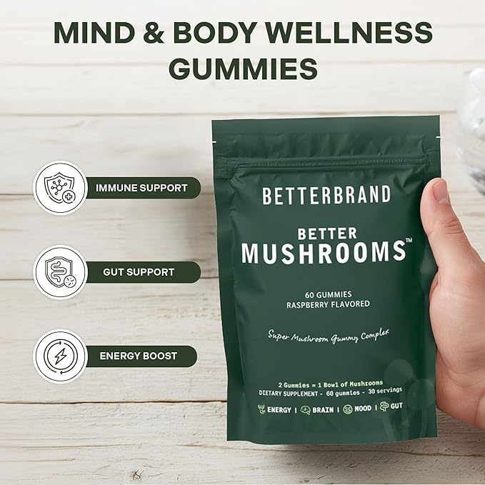 Betterbrand BetterMushrooms Nootropic Gummies - Supports Better Gut Health, Cognitive Function, Mental Clarity with 10 Functional Mushrooms - 60 Gummies - Raspberry Flavor - Pack of 1