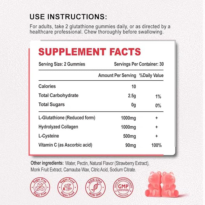 Glutathione Collagen Gummies, Collagen Gummies with Vitamin C, Glutathione Supplement for Women, Hair Skin Nails Muscle & Joint, Anti-Aging, Vegan, Sugar Free, Strawberry Flavor, 60 Count