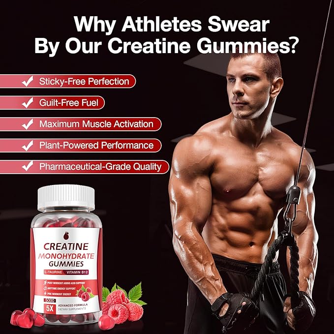 Creatine Gummies for Men & Women - Creatine Monohydrate Gummies 5g, Low Sugar Creatine Supplement for Muscle Builder, Energy Boost & Pre-Workout Supplement, Raspberry Flavor, 160 Gummies (2 Bottles)