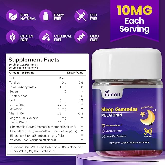 Melatonin Gummies 10mg, 9-in-1 Natural Herbal Sleep Aids for Adults, Sleep Gummies with Magnesium Glycinate, Valerian Root, L-Theanine and Vitamin B6, etc, 45 days supply, Non GMO, Berry Flavored