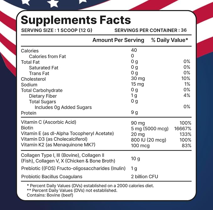 Multi Collagen Peptides w/Prebiotic + Probiotics + Type I, II, III, V, X + Hydrolyzed Collagen Powder w/Vitamin C+D3+B7+K2+E Hyaluronic Acid, Supports Skin Hair Nail Joint, Grass-Fed, Non-GMO (2)