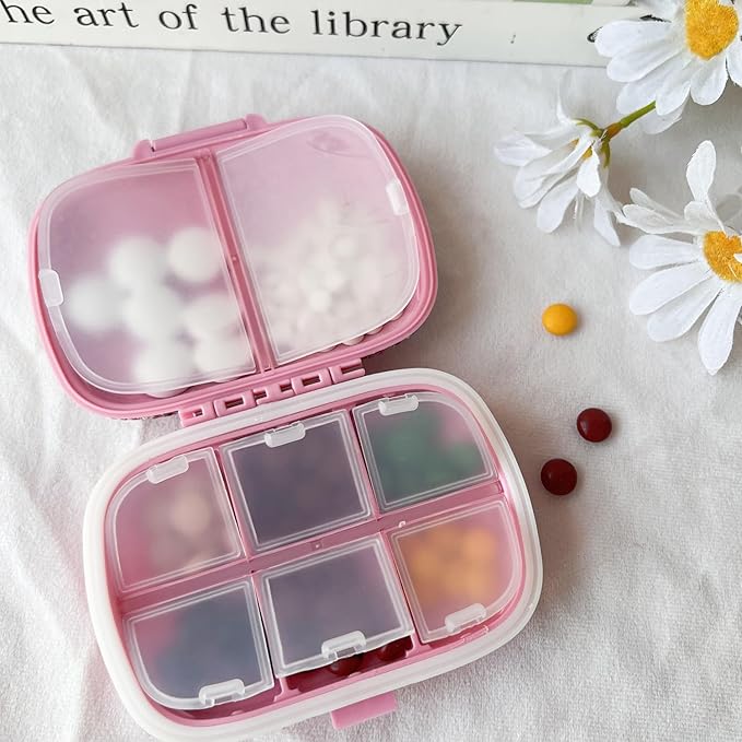 Bling Pill Case for Purse Medicine Vitamin Container Holder Pocket Pill Case Round Medicine Organizer for Travel Medicine Kit (8 Compartment Pink)