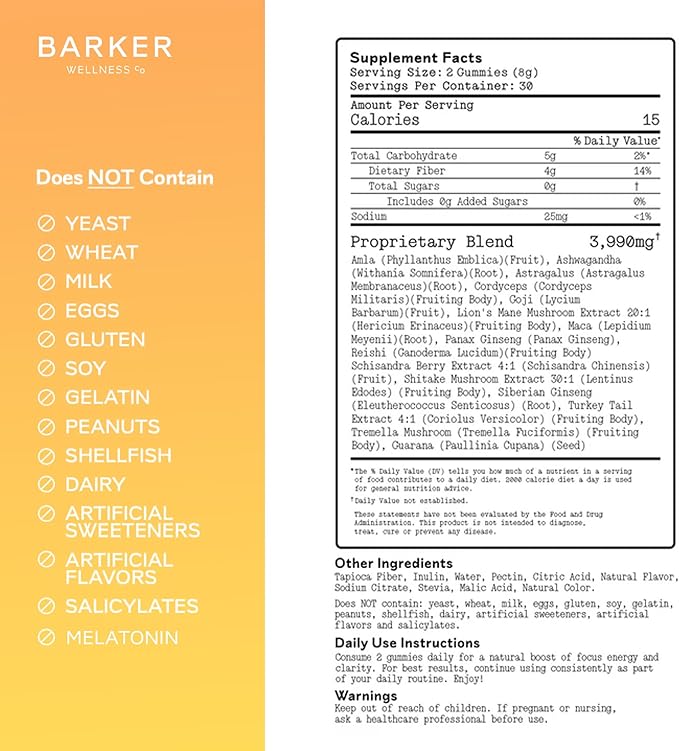 Barker Wellness Daytime Sugar-Free Adaptogen Mushroom Gummies - Lion's Mane, Cordyceps, Reishi & Shiitake | Vegan, Immune System Support, Natural Energy, Enhanced Focus & Mood for Adults | 60 Count
