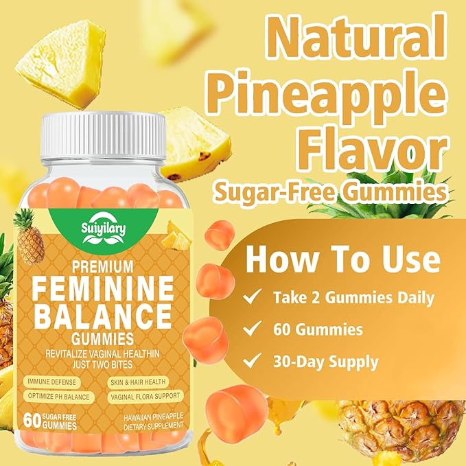 Feminine Probiotics Gummies, Vaginal Health & Women's pH Balance Gummy Supplement with Cranberry Pineapple Powder, Sugar Free Vegan, 60 Count (Pineapple)