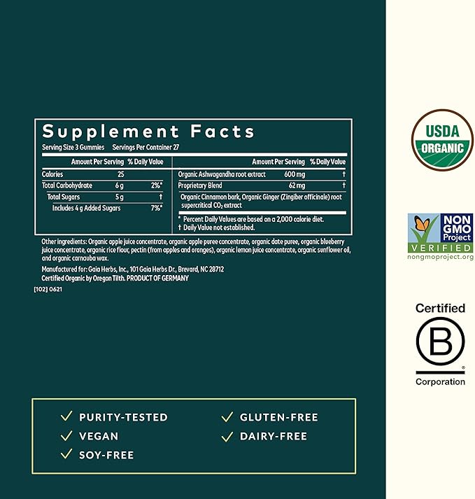 Gaia Herbs Organic Ashwagandha Gummies - Stress Support* - Made with Cinnamon & Ginger - Gluten Free & Vegan - 81 Count (27 Servings)