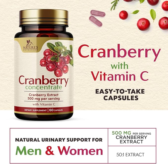 Cranberry Extract Pills Supplement - 500mg Per Serving Cranberry Extract with Vitamin C - Urinary Tract Health Support, Sugar Free Formula, Fruit Powder Extract - Bottled in USA - 60 Capsules