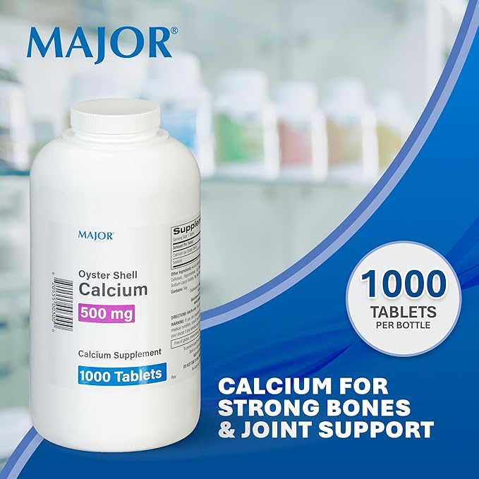 MAJOR Oyster Shell Calcium 500mg - Daily Dietary Supplement for Bone Health and Joint Support, Mineral Supplement for Men and Women, Gluten-Free - 1000 Tablets (1 Pack)