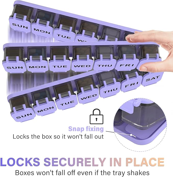 Extra Large Weekly Pill Organizer - XL Vitamin Holder with 7 Detachable Compartments, Portable Medicine Pill Organizer for Supplements, Daily Pill Case for Home and Travel,Purple