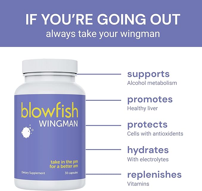 Blowfish Wingman | Supplement with DHM + L-Cysteine + Electrolytes | Feel Better After Drinking | Pre-Alcohol Liver Support & Hydration