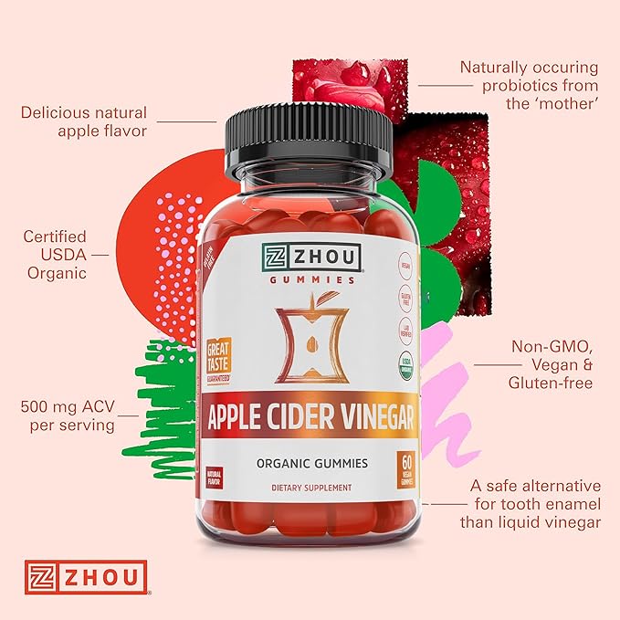 Zhou Apple Cider Vinegar Gummies - ACV Gummies for Women and Men with Elderberry, Delicious Taste with Raw Cane Sugar, USDA Organic - 60 Vegan Gummies