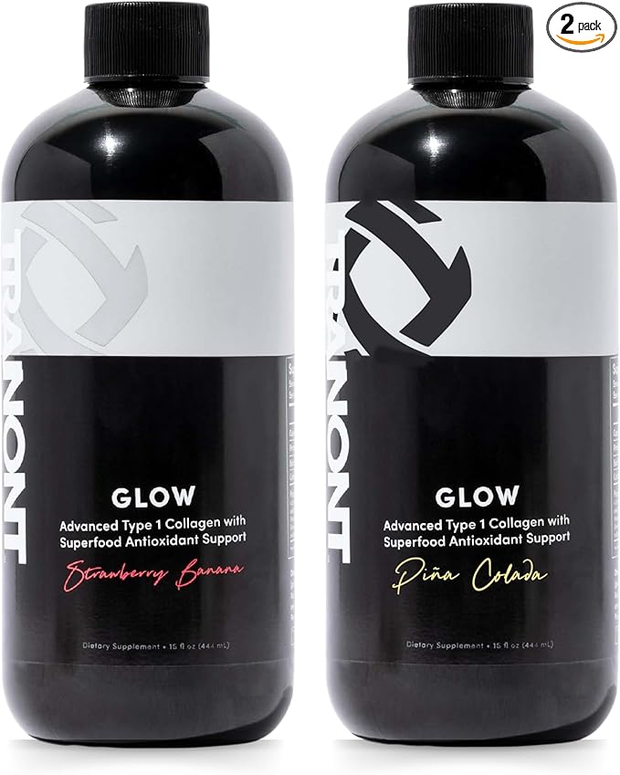 Tranont Glow Liquid Collagen for Women | Multi Collagen Peptides with Hyaluronic Acid & Biotin | Hair, Skin & Nail Support | Hydrolyzed Collagen Shot | Strawberry Banana & Piña Colada | 30 fl oz