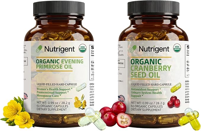 Organic Evening Primrose Oil + Cranberry Seed Oil Supplement Bundle, 940 mg Each, 100% Pure with Omegas & GLA, Cold Pressed Liquid Organic Capsules, Women’s Health, Skin Support