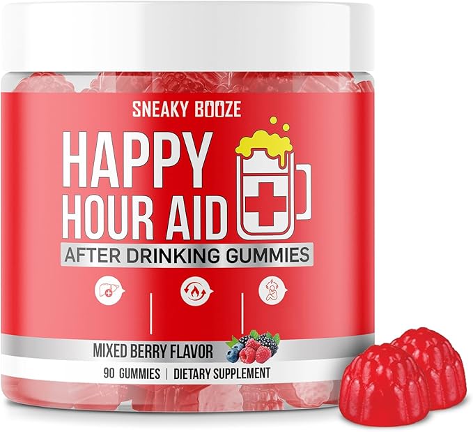 Sneaky Booze Happy Hour Aid Gummies Supplement Pre Game Party Hydration Electrolytes Alcohol DHM Milk Thistle After Drinking Gummy Weekend Recovery Vitamins Formula Better Mornings Support 90 Count