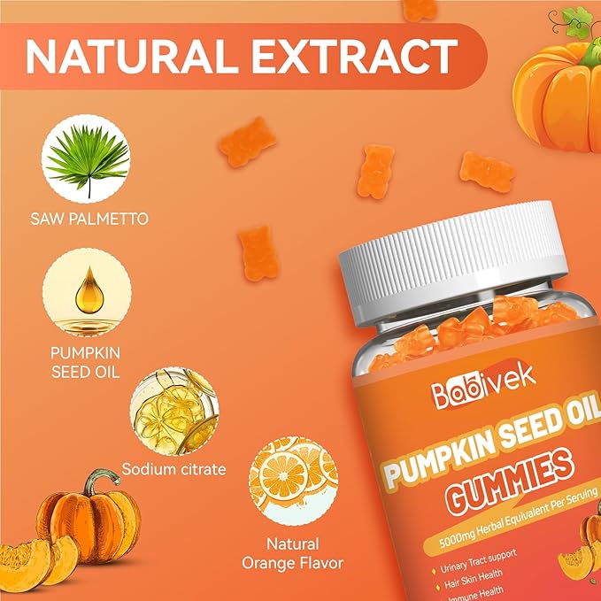 Sugar Free Pumpkin Seed Oil Gummies - 5000mg Per Serving with Saw Palmetto, Organic Pumpkin Seed Oil Supplement for Hair Growth & Skin Health, High Extract for Women and Men, 120 Count