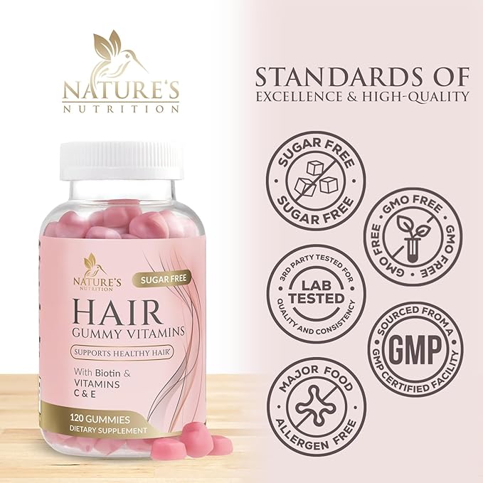 Hair Vitamins Gummies - Sugar Free Hair Growth Support Gummy with Biotin 5000 mcg Per Serving, Vitamin A, B12, C, D, E, Folic Acid - Supports Strong Beautiful Hair and Nails, Vegetarian - 120 Gummies