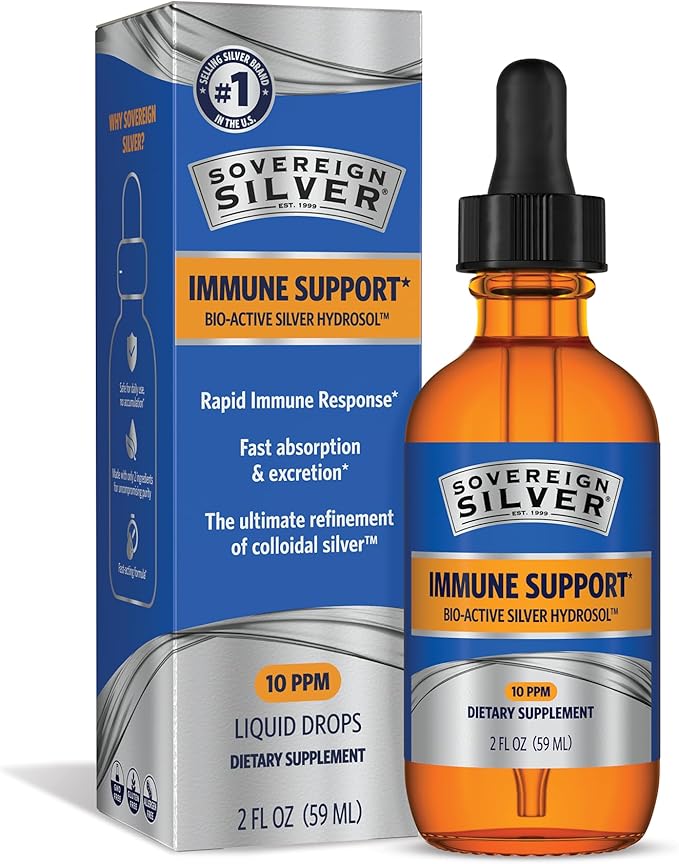 Sovereign Silver Immune Support - Colloidal Silver, Bio-Active Silver Hydrosol, 10 ppm, Liquid Dropper, 2 Fl Oz, (59 mL)