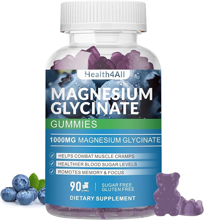 Magnesium Glycinate Gummies 1000mg, High Absorption Sugar Free Magnesium Potassium Supplement for Relaxation, Stress Relief, and Sleep Support for Adults & Kids (Blueberry)