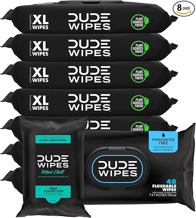DUDE Wipes Unscented Flushable Wipes - Extra-Large Adult Wet Wipes for Sensitive Skin - 8 Pack (384 Count) + Mint Travel Pack (18 Count) - Infused with Vitamin E and Aloe - Septic and Sewer Safe