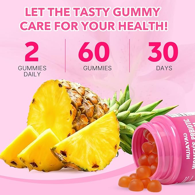 Her Juicy Feminine Probiotics Gummies - Women's Probiotic Slippery Elm Gummies Support pH Balance, Gut Health & Immune System, Sugar-Free, Pineapple Flavor, 60 Count